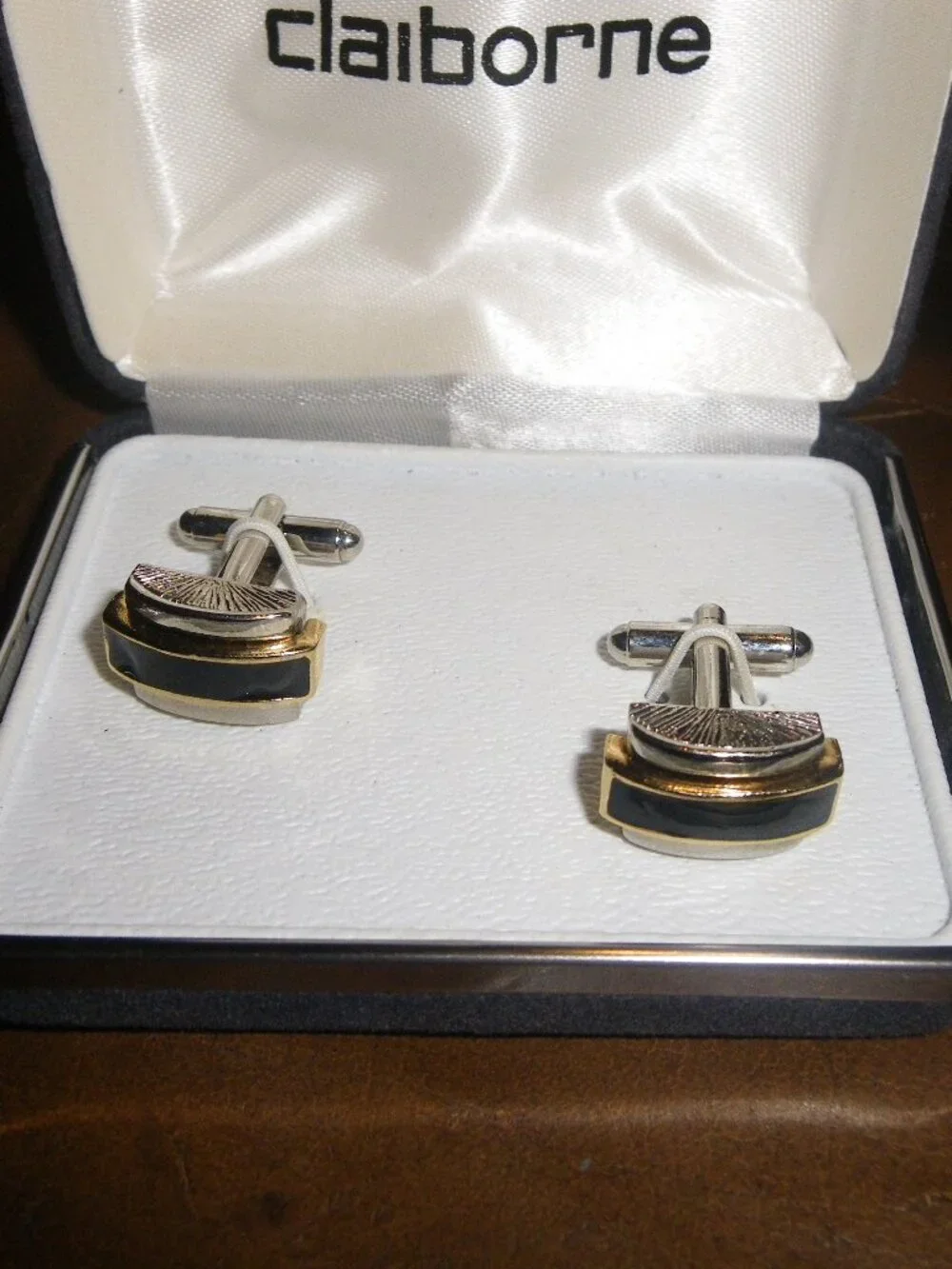 Claiborne Silver, Gold Tone & Onyx Large Chunky Cufflinks New in Box
